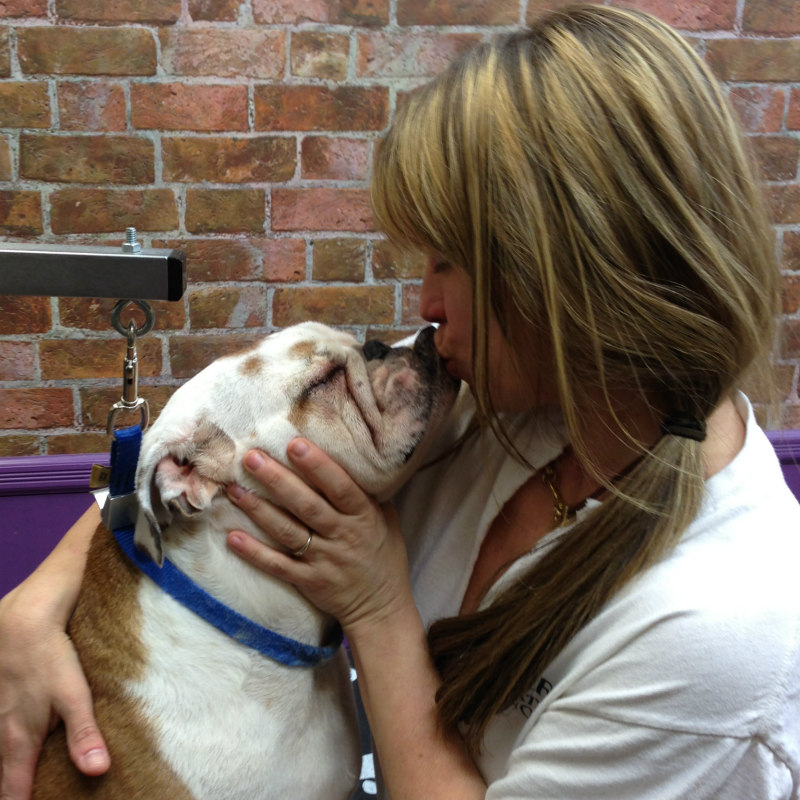 Owner Cathy Grasman hugging a dog